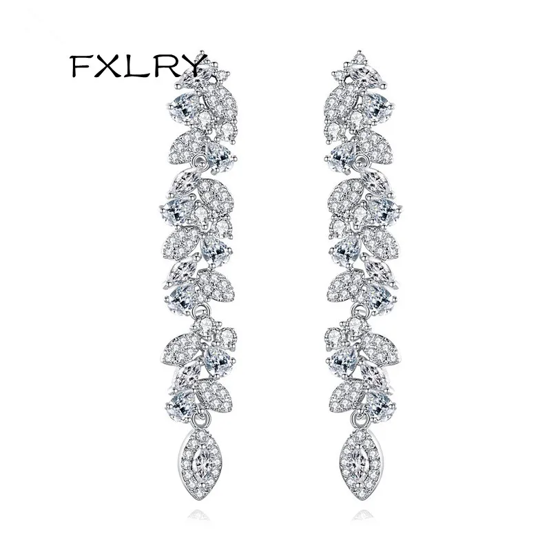 

FXLRY Elegant AAA Cubic Zirconia Long Pendant Flower Tassel Earrings for Women Fashion Jewelry