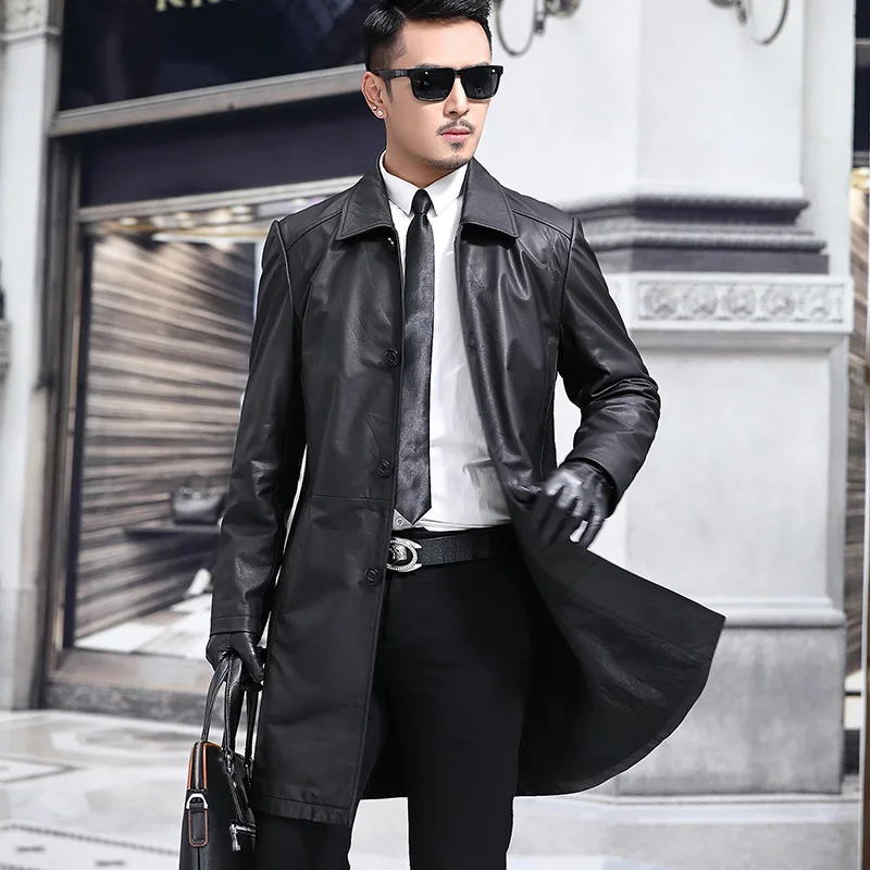 Men Leather Coat, Cowskin Trench, Dust Coat, Lapels Trench, Male Business Casual Coat, 5XL, Spring and Autumn