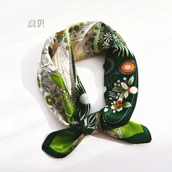 Grass green natural silk scarf for women printed with leaves 100% real silk scarves small 50cm square handkerchief gift for lady