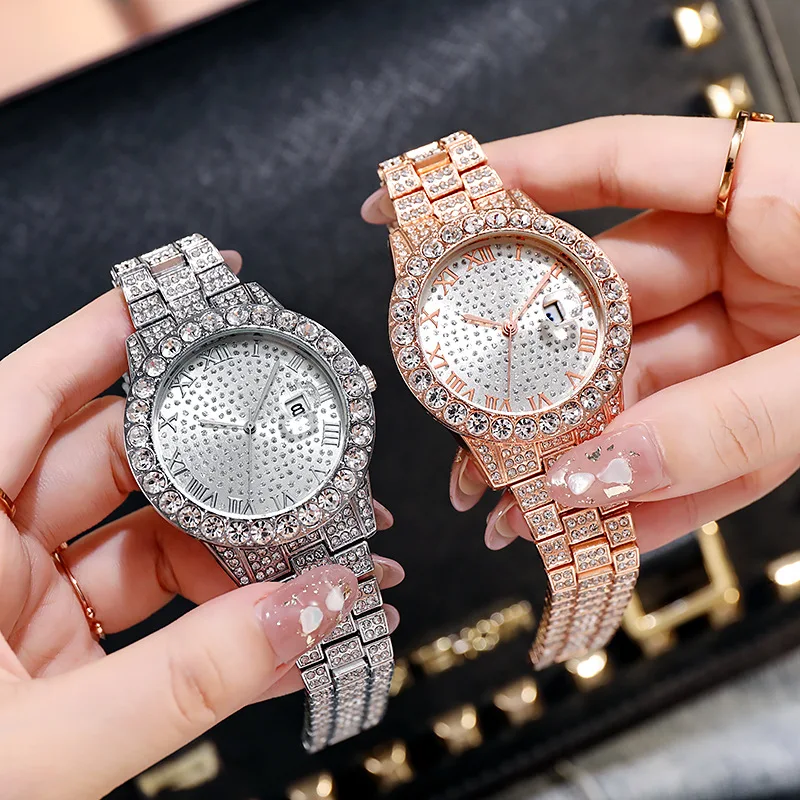 Women Watch Luxury Brand Gold Sliver Men Watch Quartz Clock Chronograph Colorful Diamond Iced Out Watch Hip Hop Rapper Watches