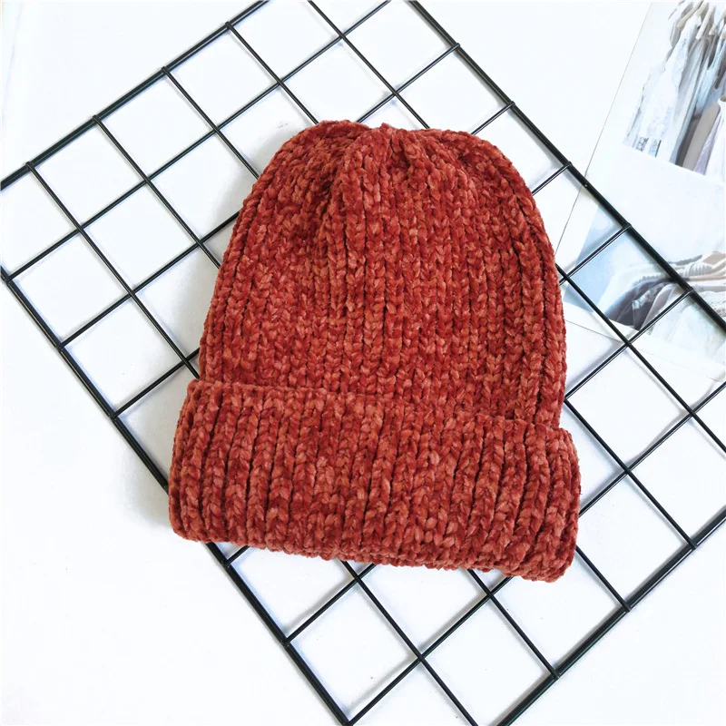 Chunky striped Beanies Hats Winter Women girl Thick Warm Soft Corduroy Knitted Hat Skullies Cap Curled Skullcap Ski Sport