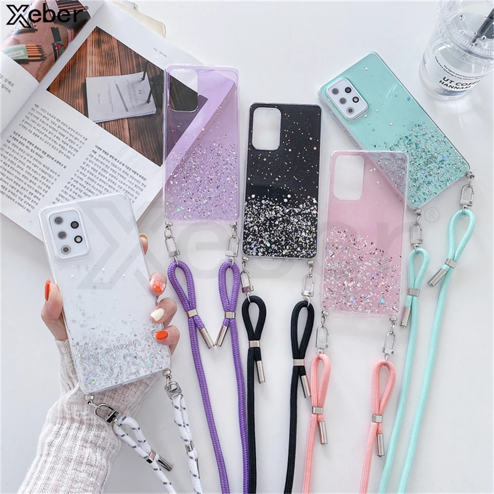 Crossbody Lanyard Strap Cord Cell Phone Case For Samsung A73 A53 A33 A13 A52 A72 A32 A22 A12 A71 A51 A03S Silicone Glitter Cover