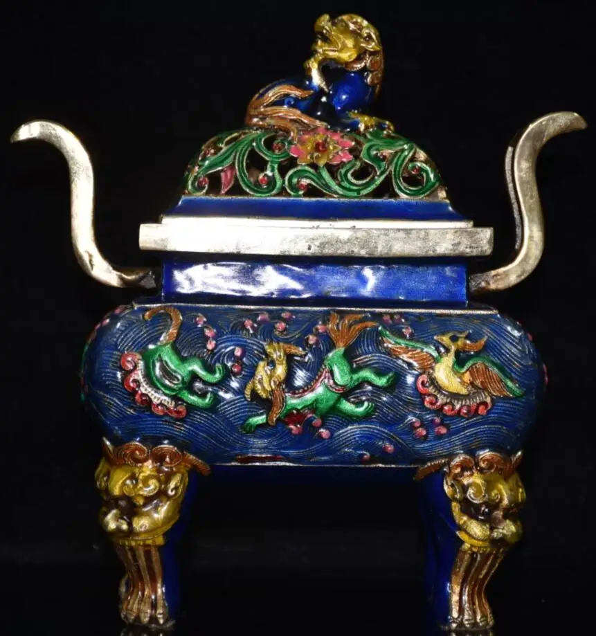 China brass cloisonne lion Incense burner crafts statue