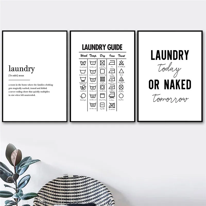 Laundry Signs Wall Art Canvas Painting Poster Print Black White Wash Dry Fold Repeat Molecular Picture Laundry Room Decor