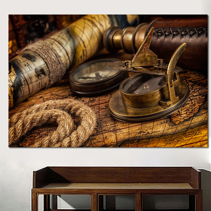 Retro Nautical World Map Compass and Telescope Nautical Ocean Map Vintage Canvas Posters Prints Antique Painting & Calligraphy