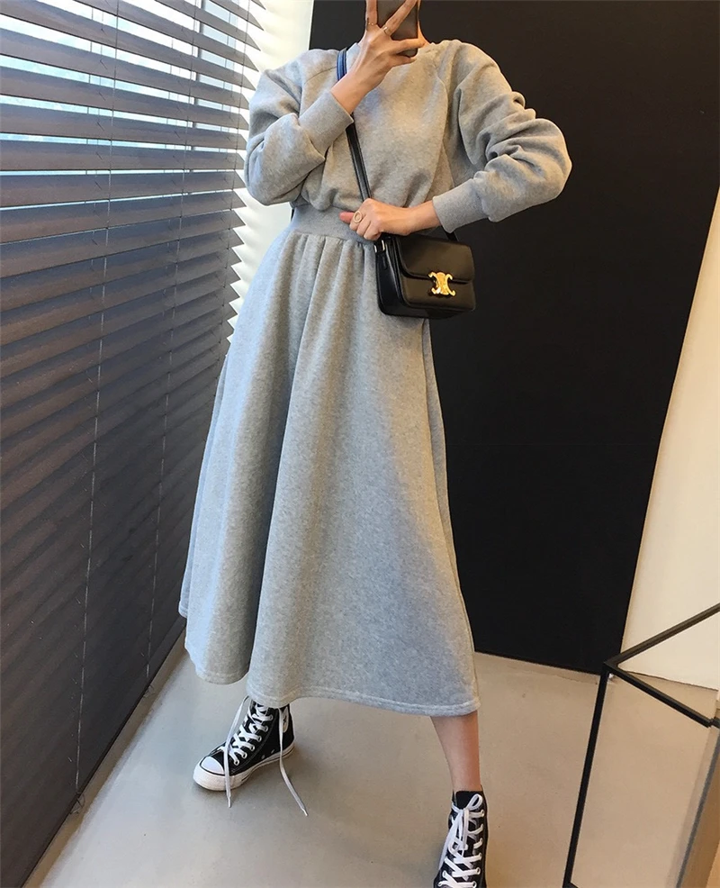 LMQ New 2020 Autumn Winter Women Sweatershirts Dresses Thicken High Elastic Waist Casual Long Minimalist Pockets Wild Warm Dress