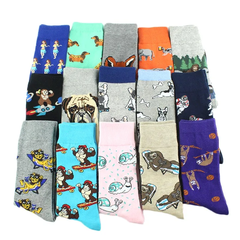 Animal Pug Elephant Lionu Funny Socks Men Chili Hamburg Pizza Crew Socks Harajuk Novelty Gift Sokken Unisex Skateboard Socks