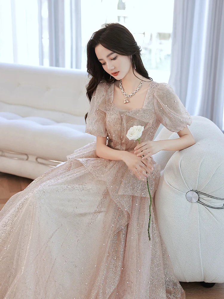 Gorgeous Formal Evening Dress For Women French Style Square Slim Long Princess Prom Gown Exquisite Beadings Banquet Dresses