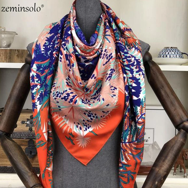 

100% Twill Silk Square Scarf Women Scarves Shawls Floral Print Neckerchief 130*130cm Bandana Satin Female Foulard Scarf Fashion