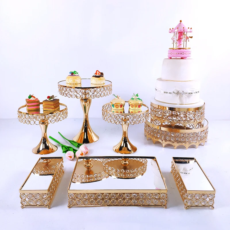 8pcs Crystal Metal Cake Stand Set  Acrylic Mirror Cupcake Decorations Dessert Pedestal Wedding Party Display Tray