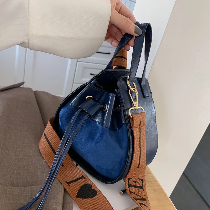 vintage casual buckets bag for women designer letter shoulder bags luxury pu leather drawstring crossbody bag lady small purses