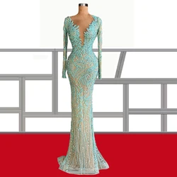 Elegant Lace Beaded Scalloped Neckline Green Evening Dress Hand-made Pearls 2024 robes de soirée Long vestidos de graduación