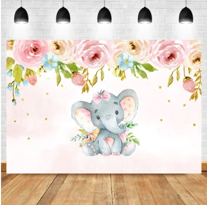 7x5FT Pink Flowers Lilac Sky Girl Elephant Baby Shower Custom Photo Backgrounds Studio Backdrops Vinyl 220cm x 150cm