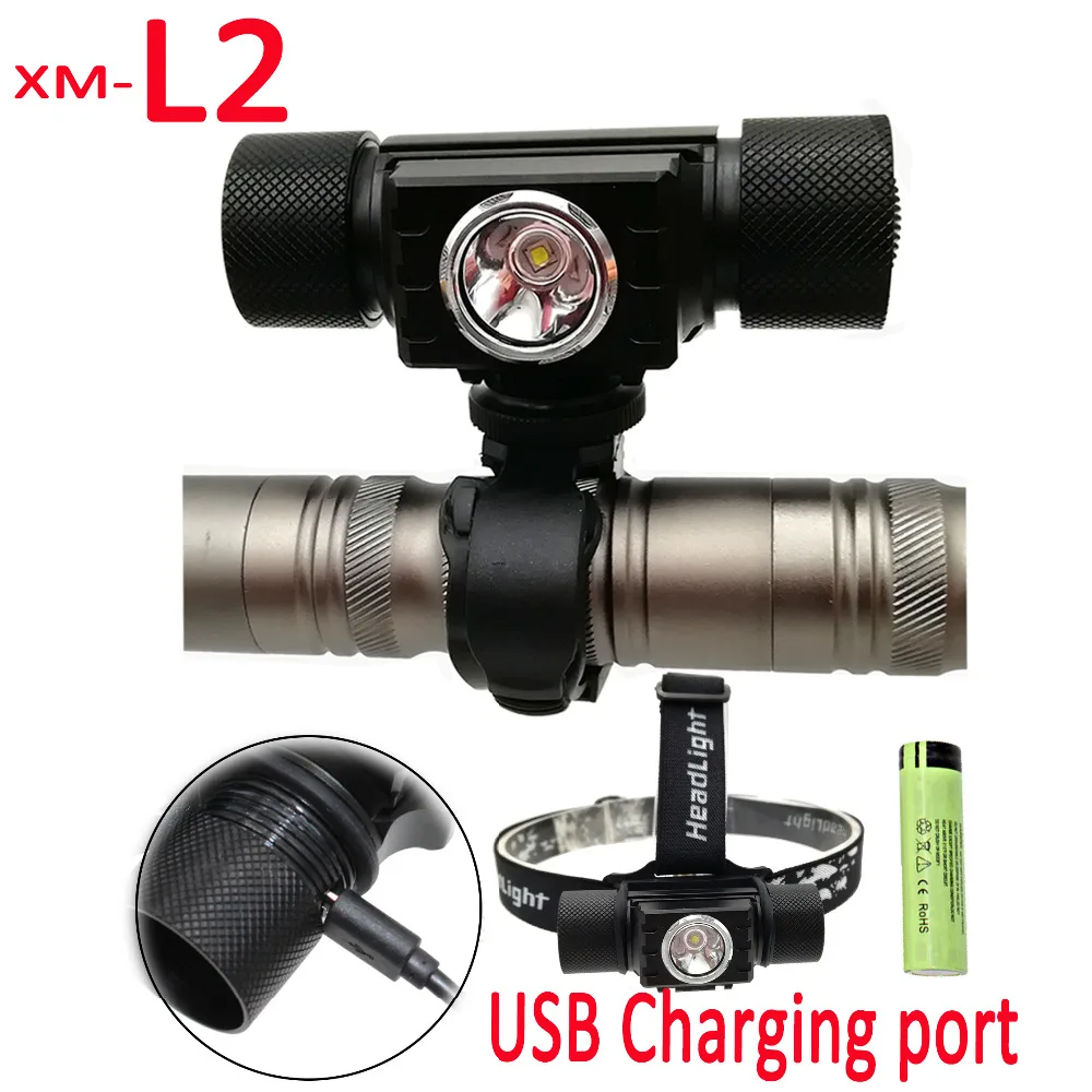 XM-L2 LED Head Lamp Front Bike Lamp Bicycle Light  4 Modes Flashlight USB Rechargerable Head Light Cycling Riding Lamps+ 18650