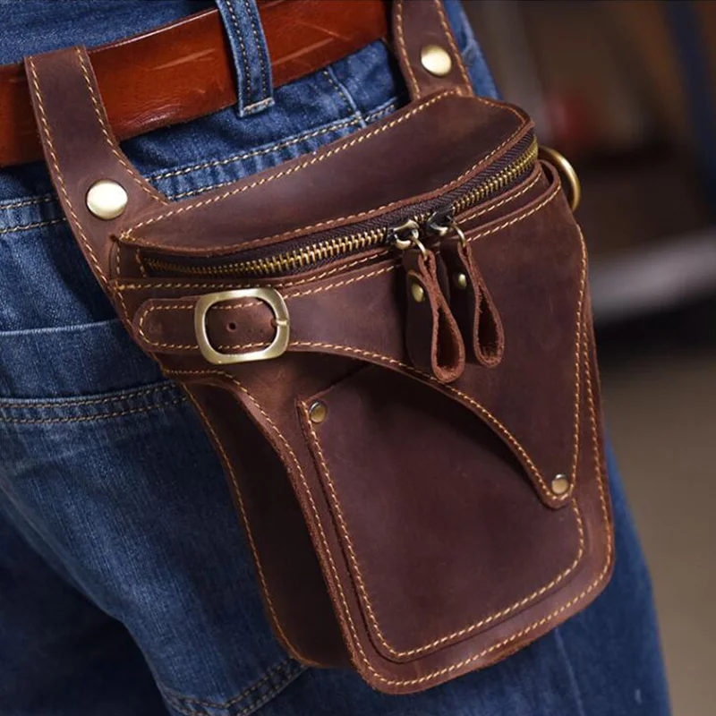 Crazy Horse Leather motorcycle Bag For Men Genuine Leather Belt Bag High Vintage Men\'s Waist Pack Male Hip Fanny Packs Bag