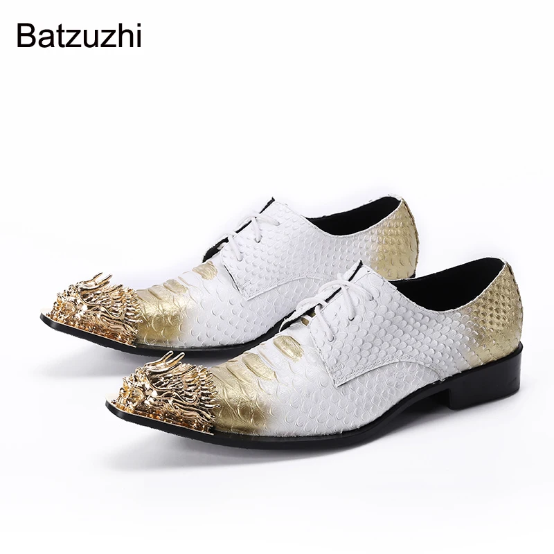 Batzuzhi Italian Style Men Shoes Golden Steel Toe Leather Dress Shoes Men Lace-up White Business, Party and Wedding Shoes Male