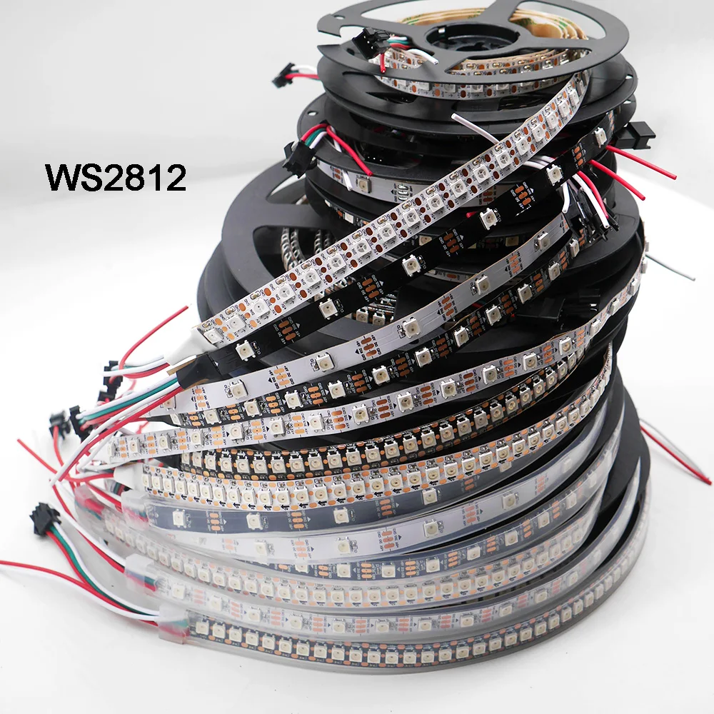 WS2812B 1m/3m/5m 30/60/74/96/100/144 pikseli/leds/m Inteligentna taśma pikselowa led, WS2812 IC; WS2812B/M, IP30/IP65/IP67, czarno-biała płytka