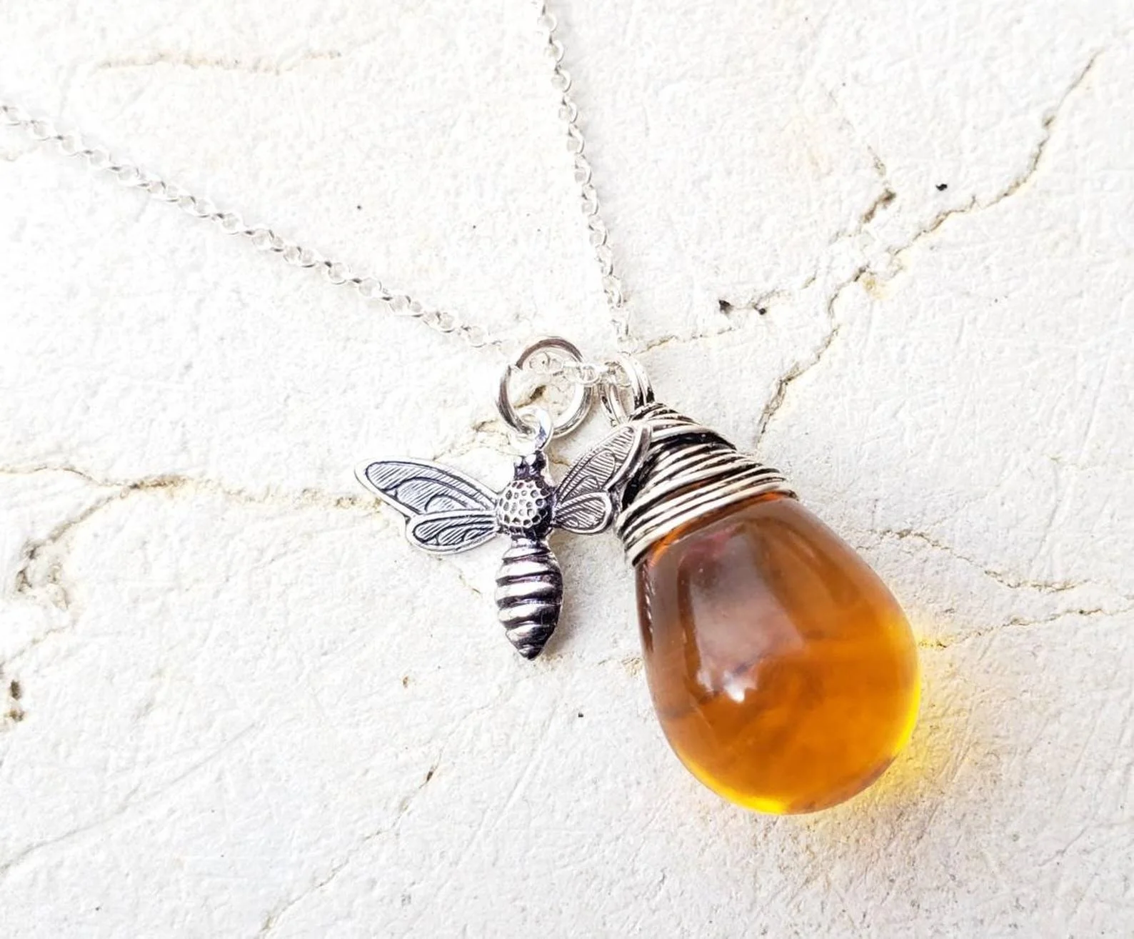 Honey Bee Necklace in Silver. Amber Wire Wrapped Briolette Charm Necklace.Honey Amber Necklace