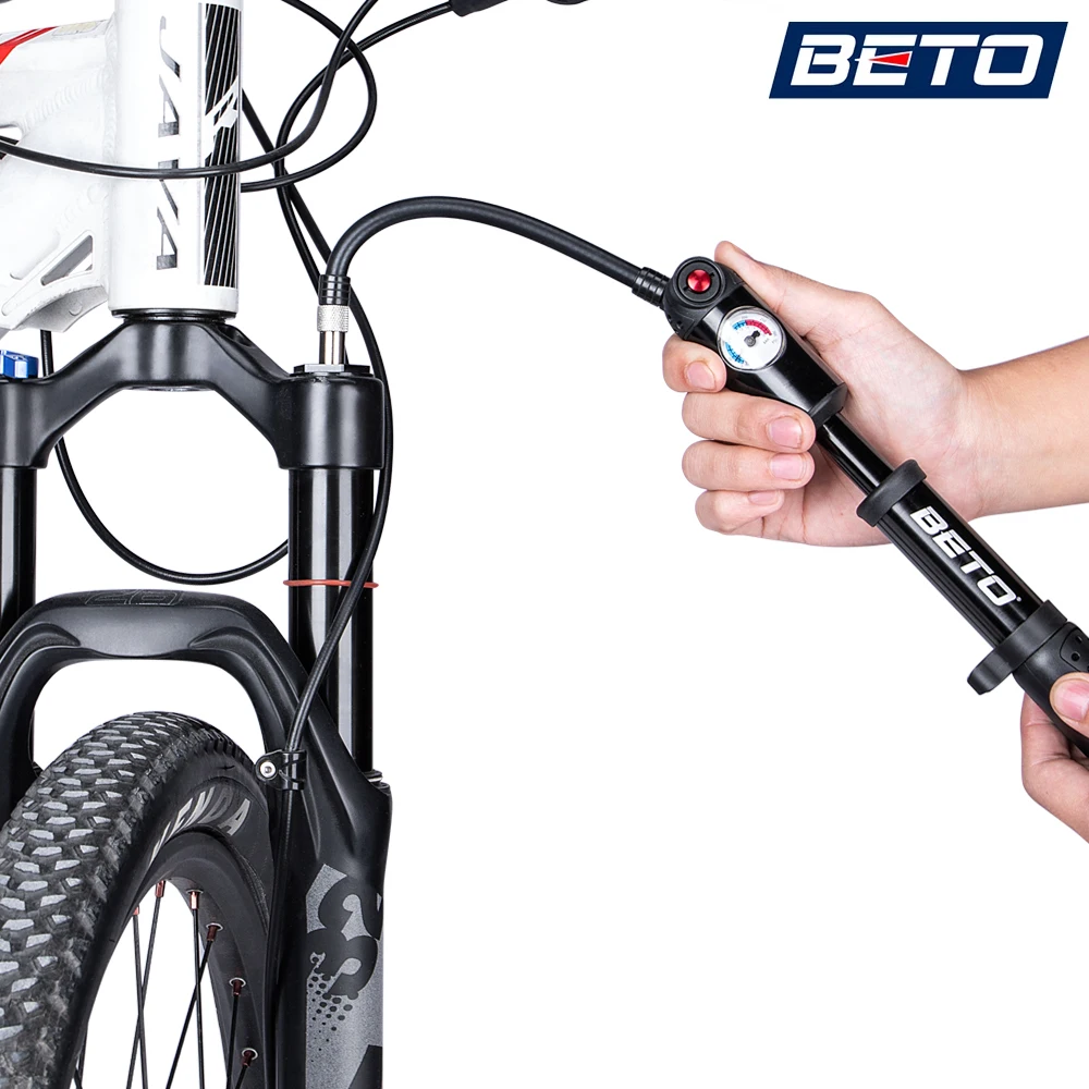 BETO Bicycle Pumps for Tire/Tube & Plug/Shock/Fork,Schrader & Presta Valves Adapter Inflator,Mini Hand Bike Pump with Gauge Hose