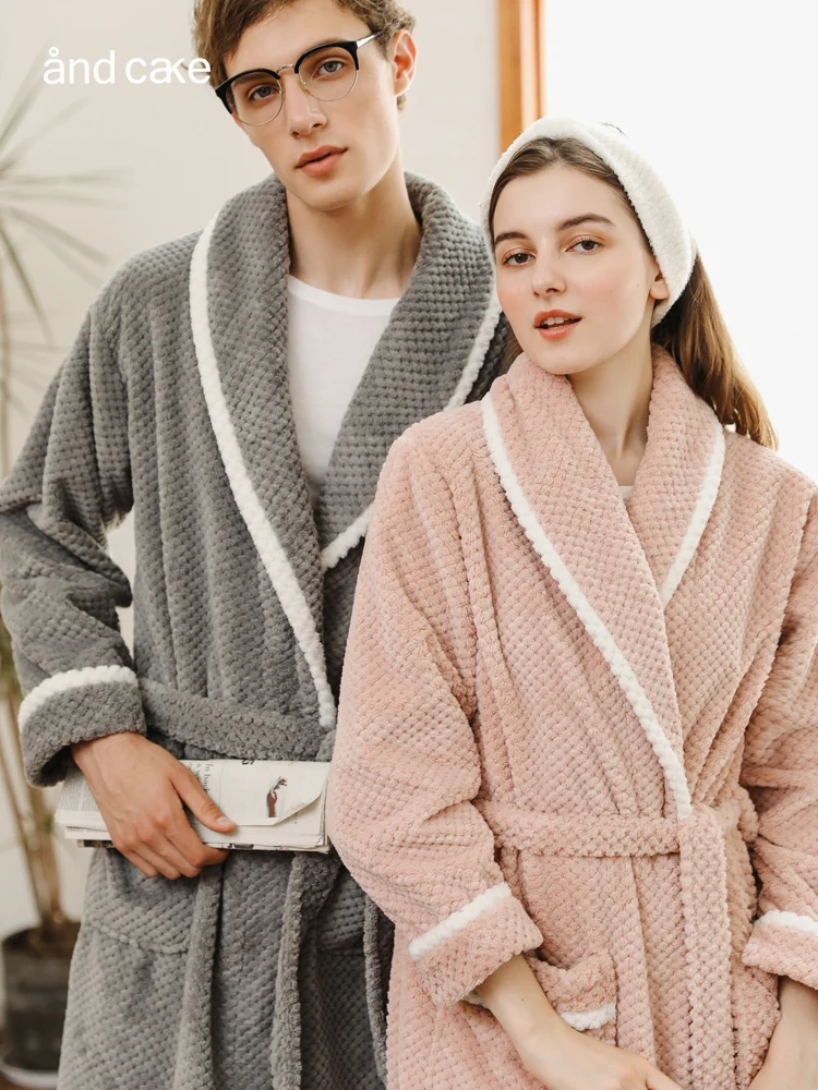 Autumn and Winter Coral Fleece Couple Nightgown Men's Flannel Bathrobe Pajamas Extended Thickened Women's Winter Fleece-Lined