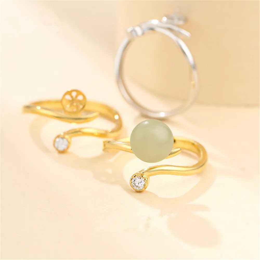 Ring Blank for 6mm-8mm Round Beads or Pearls Gold Plated 925 Silver Zircon Ring Setting Adjustable Ring Base SR0093