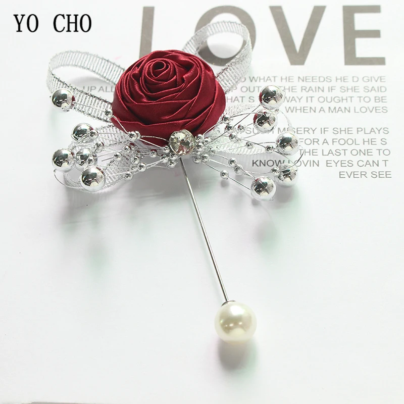 YO CHO-Groom Boutonniere Broche Buttonhole para Mulheres e Homens, Pinos De Corsage De Casamento, Rosas De Seda, Corsage Flores Acessórios