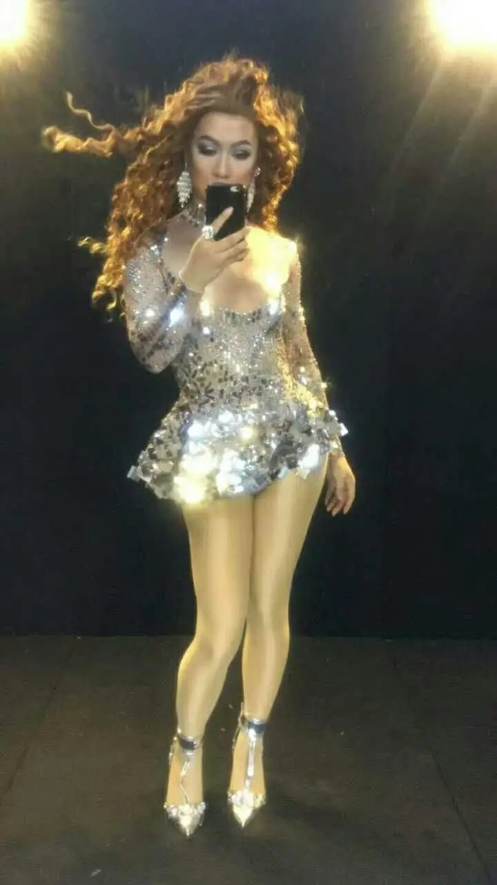 

Modern dance Shining Silver Mirror Stone Dress Female Singer Dancer Bright Bodysuit Costume One-piece Nightclub Dress Oufit