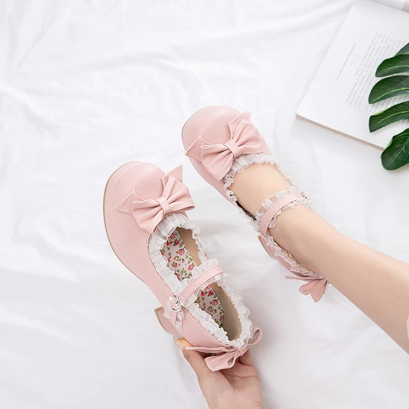 Zapatos de boda de novia de encaje con lazo y volantes de Lolita para niñas, vestido de princesa con borde de tacón alto para hombres, rosa, de