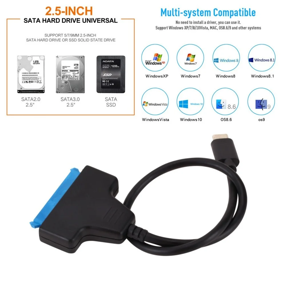 LccKaa Sata 3 To Type-C Cable USB 3.1 USB C to SATA Adapter Up To 6 Gbps Support 2.5 Inches SSD HDD Hard Drive 22 Pin SATA Cable