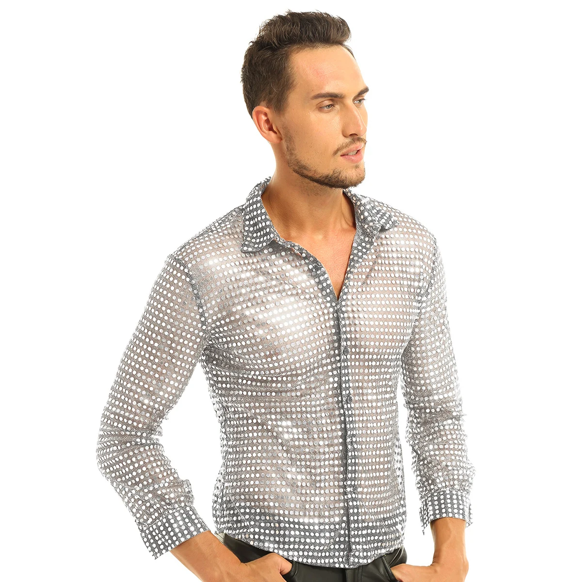 Mens 70s Disco t-Shirt Holographic Costumes Clothing Shiny Sequins See Through Mesh Clubwear Disco Dance Performance Top Shirt