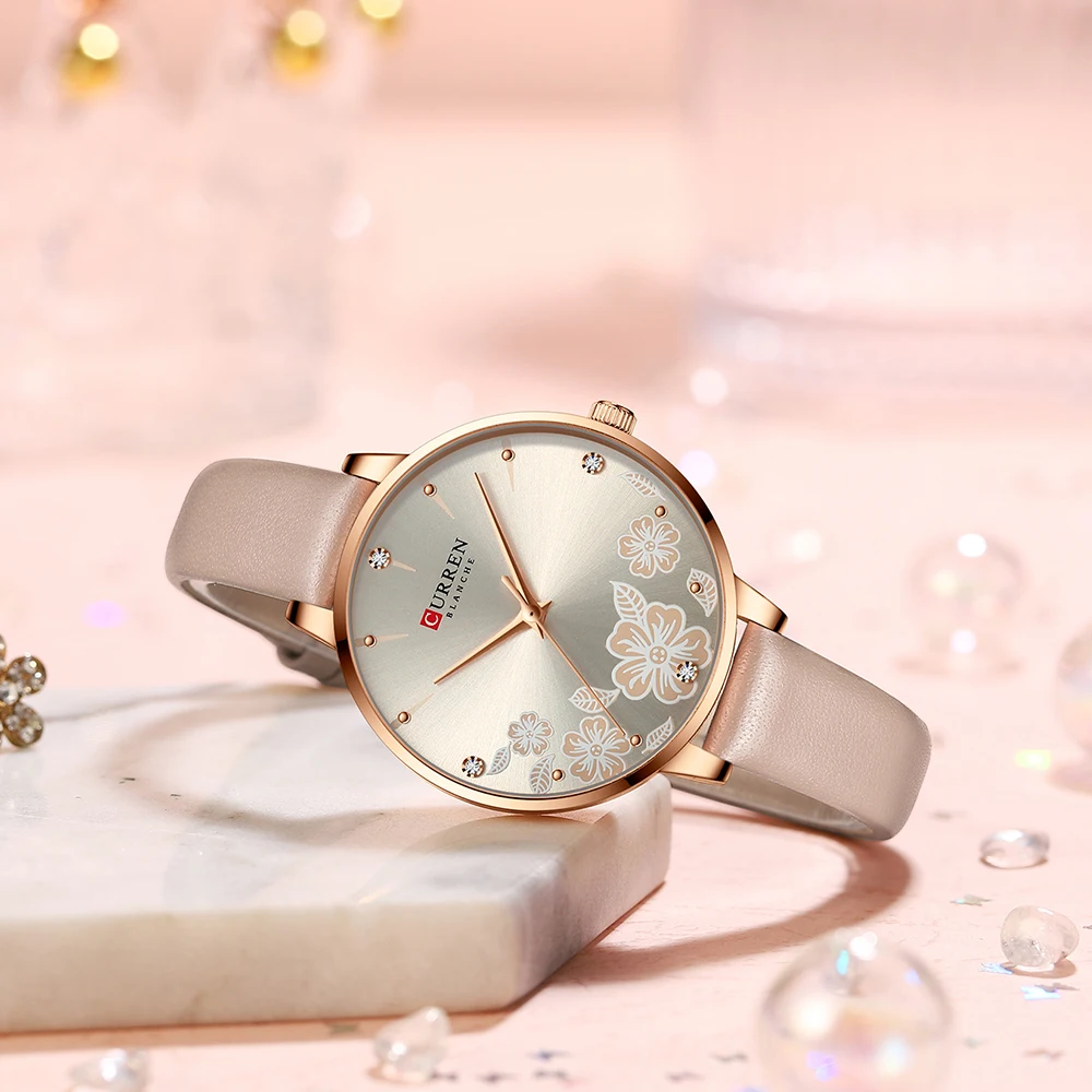 CURREN Top Luxury Brand Ladies Watch with Rhinestones and Flower Dial Quartz Leather Strap Charm Ladies Watch reloj mujer