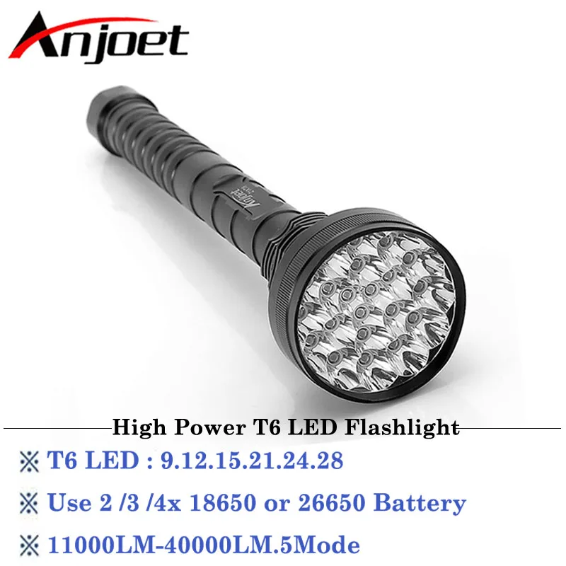 Anjoet 9 12 15 21 24 Led 28 x XM-L T6 5 Modes Flashlight Tactical Torch Lamp lantern For self defense Emergency 18650 Battery