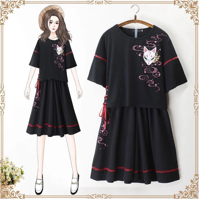 Anime Summer Women's Clothing Japanese Red Ribbon Girl Lolita T-shirt Short Skirt Set Adult Costume image 3