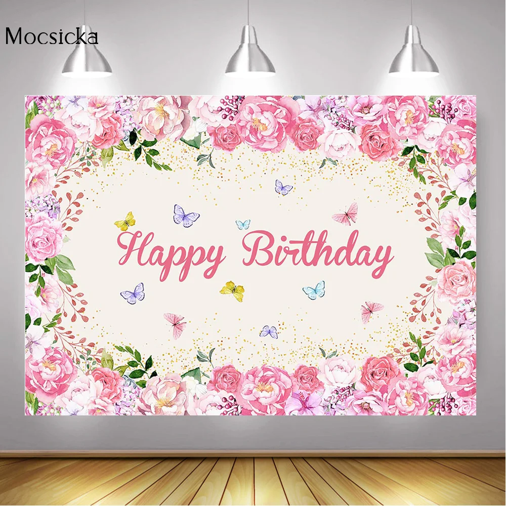 Fondo de cartel de fiesta de cumpleaños de mariposa Floral, flores de primavera, mariposas de acuarela, foto de fondo, decoración de feliz cumpleaños