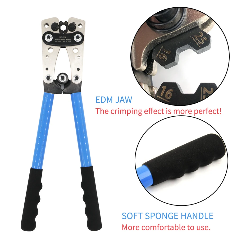 HX-50B Battery Cable Lug Crimping Tool 10-1AWG Copper Ring Terminals Kt 8 Sizes Cable Lugs Set, Heavy Duty Wire Crimper Tool