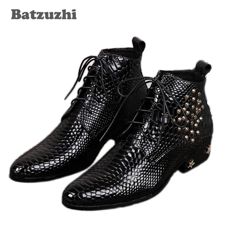 

Batzuzhi Top Fashion Black Man's Ankle Boots with stars /Rivet Increased Height Men Boots, Super Star Boots Man, Big size 46