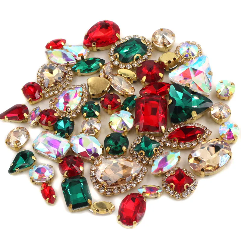 Christmas Style błyszczący mieszany kształt szyć na szkle Rhinestone złoty pazur kryształowa klamra Diy ślubne dekoracje na ubrania/buty/sukienki