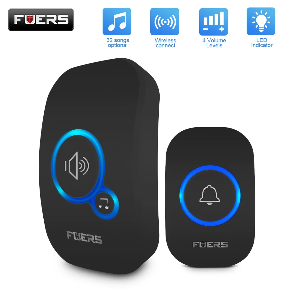 Fuers-M557 무선 초인종, 433Mhz, 가정용 웰컴 스마트 초인종, 150M 장거리 무선 거리 32 곡, 가정용 웰컴 도어 차임 