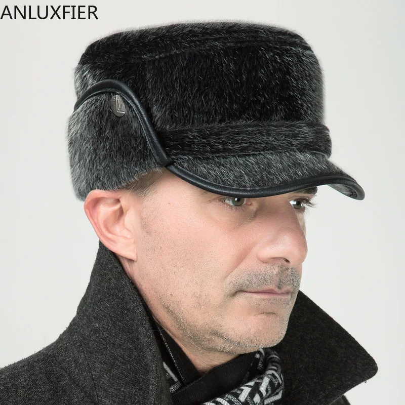 

B-7372 Adult Winter Warm Fur Hat Male Flat Cashmere Imitation Mink Cap Winter Quinquagenarian Earmuffs New Year Gift