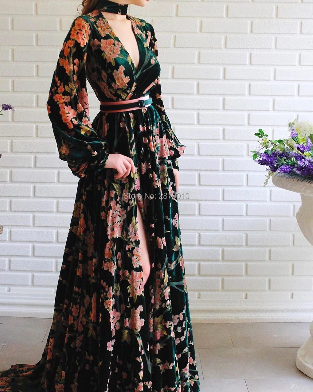 

2020 New Arrival Evening Dress A-Line Long Sleeves Floor-Length Formal Dress Sash Prom Dress Velvet Flower Robe De Soiree Arabic