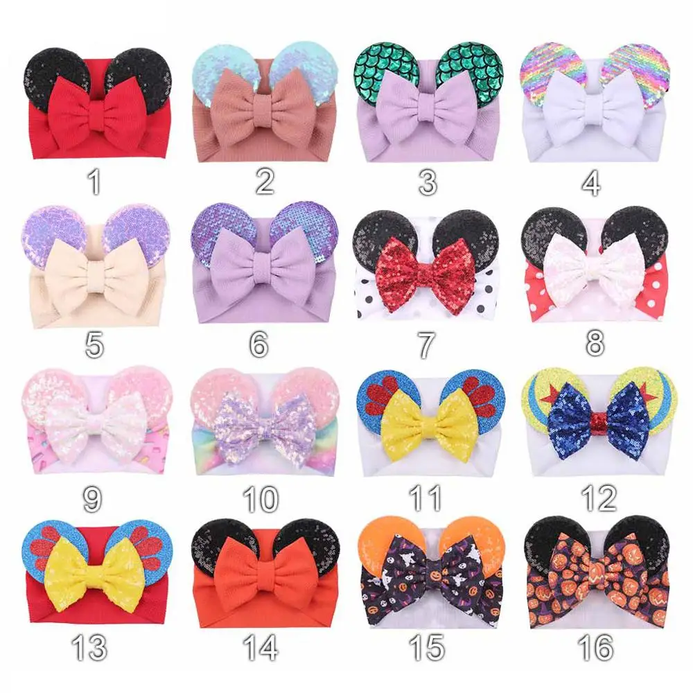 New newborn baby wide headband Mickey Minnie Bow Hairband Children  kids sequins Hair accessories...