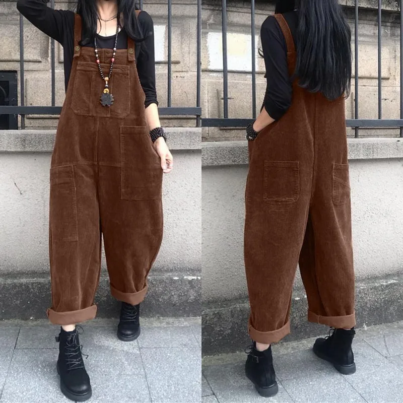 Women's Autumn Overalls ZANZEA 2023 Kaftan Corduroy Jumpsuits Casual Suspender Harem Pants Female Solid Rompers Femme Oversize