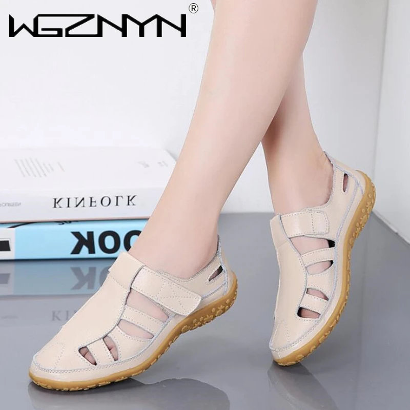 Fashion Women Genuine Leather Sandals Casual Summer Ladies Closed Toe Beach Sandals Women Flats Shoes Comfort Female Sneakers