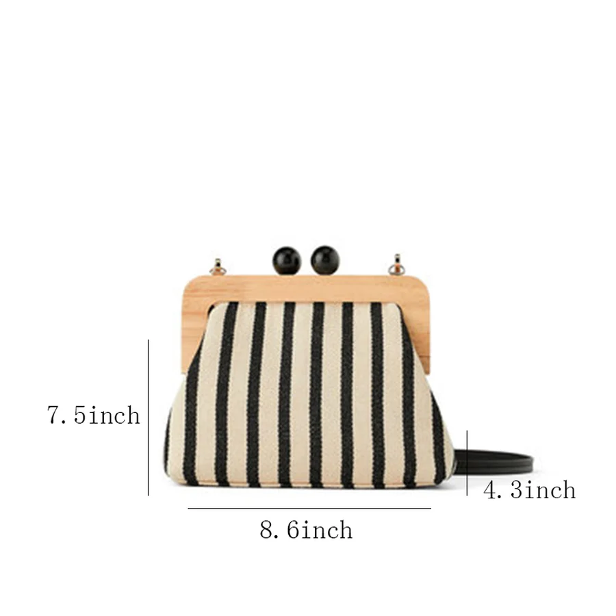 Retro Striped Wooden Clip Shell Bags for Women Messenger Bag Canvas Bead Shoulder Crossbody Bags Ladies Clutch Purse Bolsa Mujer