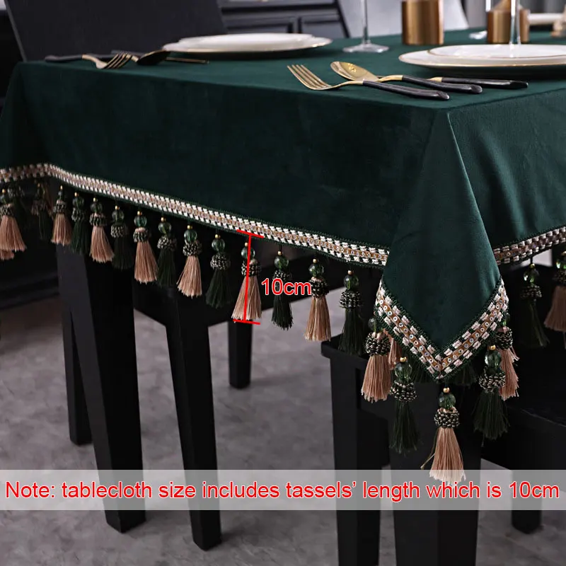 Vintage Solid Green Rectangular Tablecloth for Table Velvet Dining Party Square Table Cover Tassel Soft Brief Table Cloth