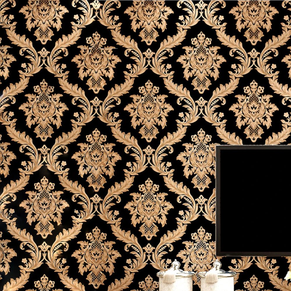 

QIHANG High-Grade Gold-Flecked Damascus Process Non- Woven Wallpaper Black Color 0.53m*10m=5.3m2