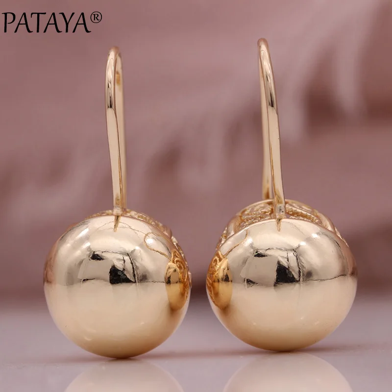 PATAYA New Hollow Spherical Long Earrings Women Glossy Dangle Earrings 585 Rose Gold Color Wedding Unique Fine Fashion Jewelry