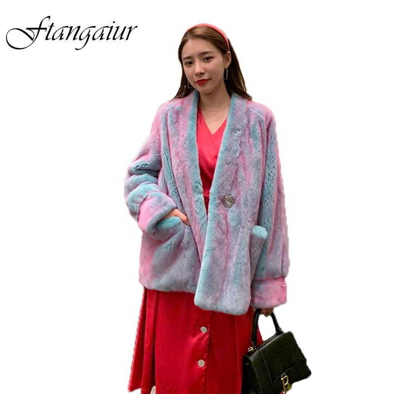 Ftangaiur Winter Imported Velvet Mink Fur Coat V-Neck Light Color Mink Coat Women Short Slim Natural Real Mink Fur Coats