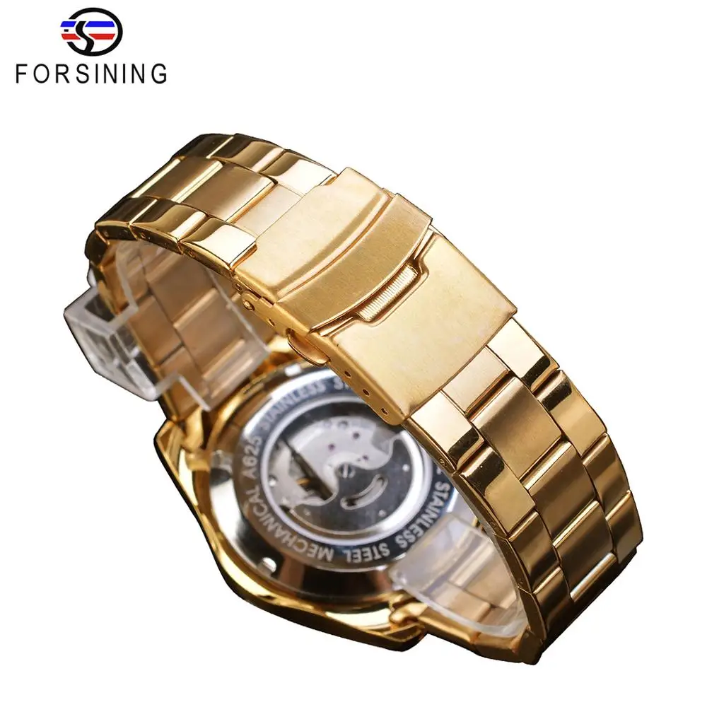 Forsining Black Business Mechanical Men Watch Automatic 3 Sub Dial Date Golden Steel Band Dress Wristwatch Clock Hour Time Reloj