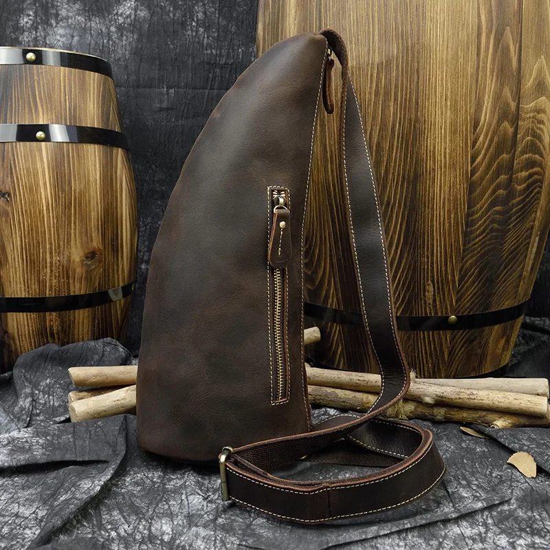 Unique Leather Chest Bag Crossbody Crazy Horse Leather Sling Bag Vintage Fashion Crossbody Bag Chest Pack For Man ox horn bag